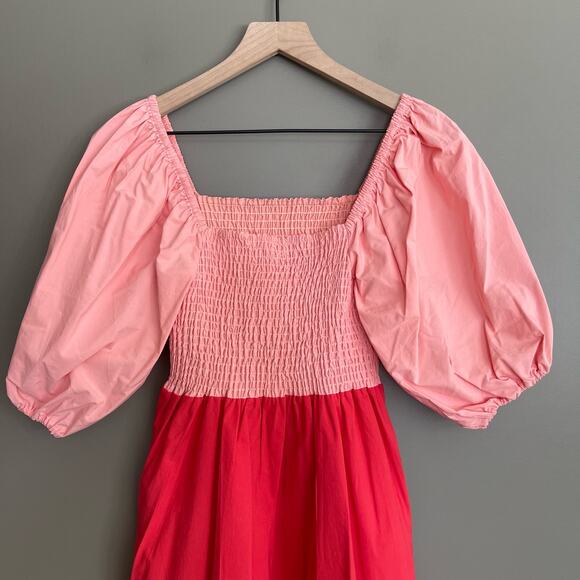 RHODE Eloise Smock Bodice Cotton Maxi Dress Size XS Pink Red Orange Tiered Chic - Picture 11 of 16